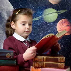 Anna-5664 square 560px-1 Photography Portfolio Yorkshire - Young girl in school uniform reading a book, with a fantasy galaxy background of planets and stars.