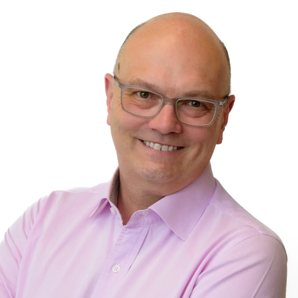 Corporate headshots - Businessman wearing glasses in pink shirt - corporate headshot with white background