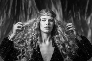 Black and white half-body actress portrait for modelling portfolio – Dick Lloyd, Harrogate studio session