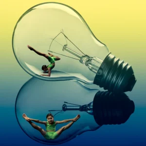 Surreal composite of a young gymnast performing poses inside two oversized light bulbs — creative children’s photography.