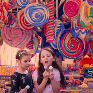 Fantasy composite of two girls eating lollipops under a colourful canopy of giant sweets in a candy shop.