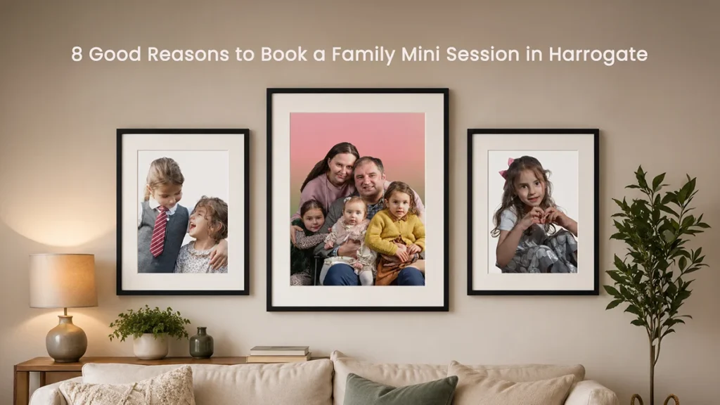 Three framed family portraits on a wall in a family home
