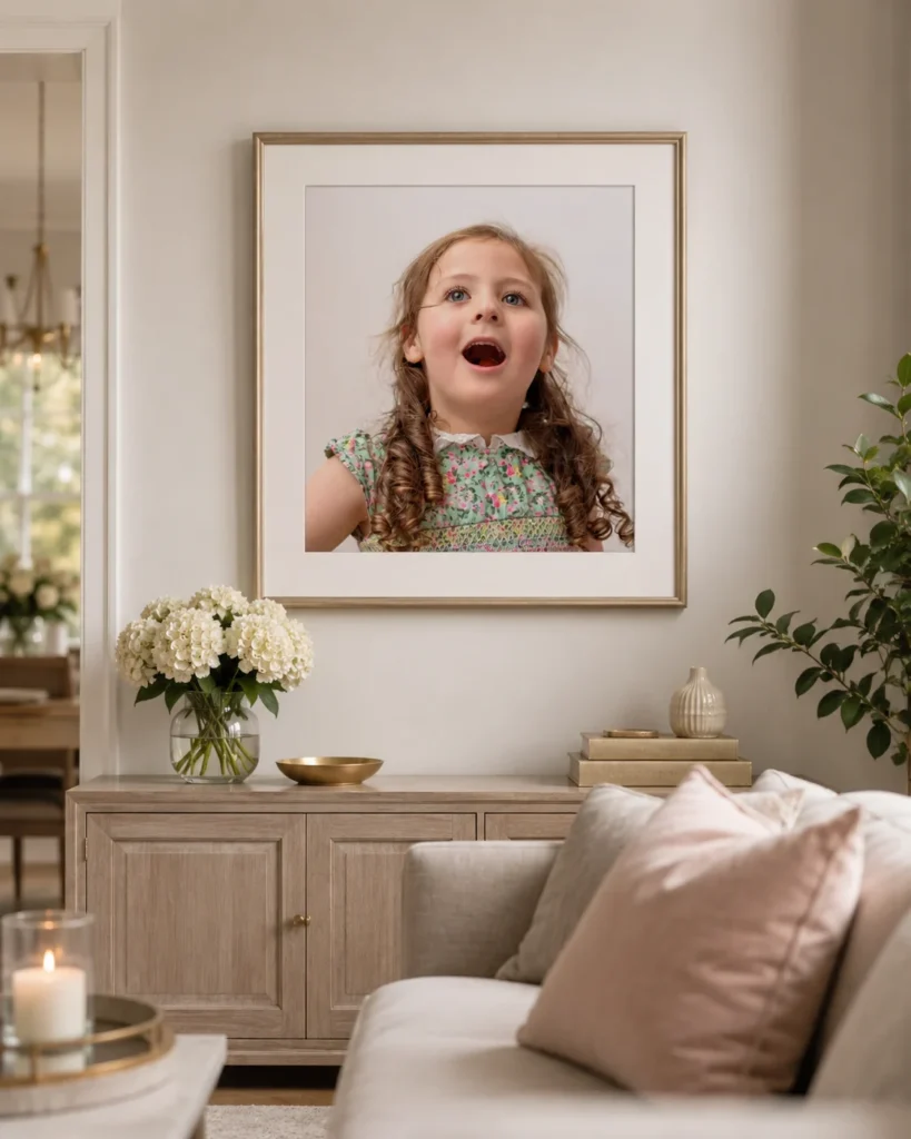 Framed child portrait displayed as wall art for a family photography session in Harrogate
