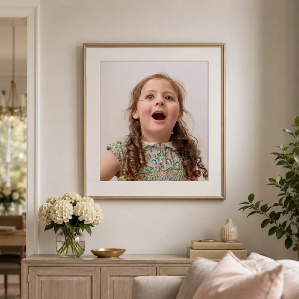 Mock up of a framed portrait on the wall in family home_ A framed portrait of a child on the wall in afamily home