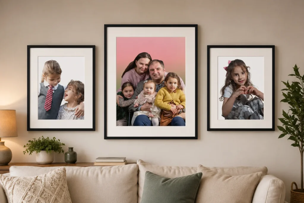 Mock up of three framed family portraits on a wall in the family home Mock up of three framed family portraits on a wall in the family home