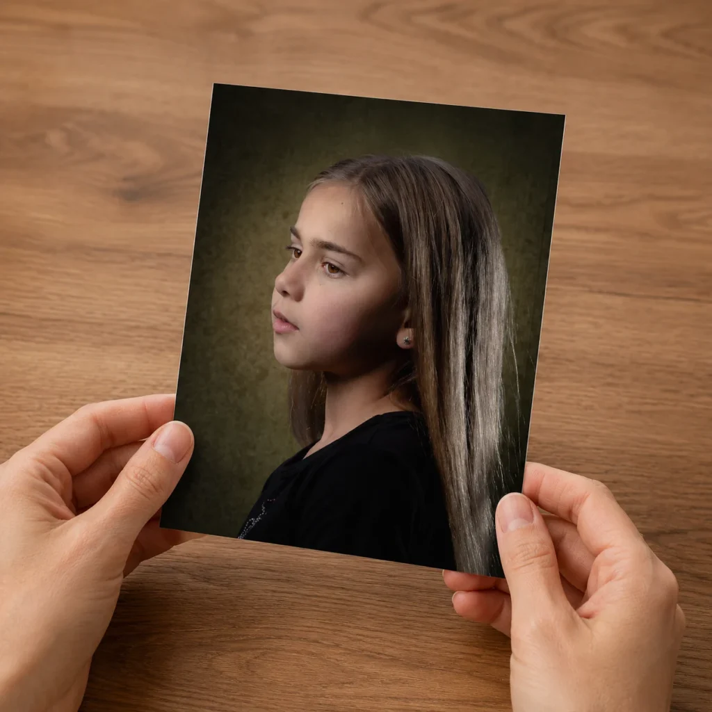 Two hands holding a printed photo of a young girl Two hands holding a printed portrait photo of a young girl