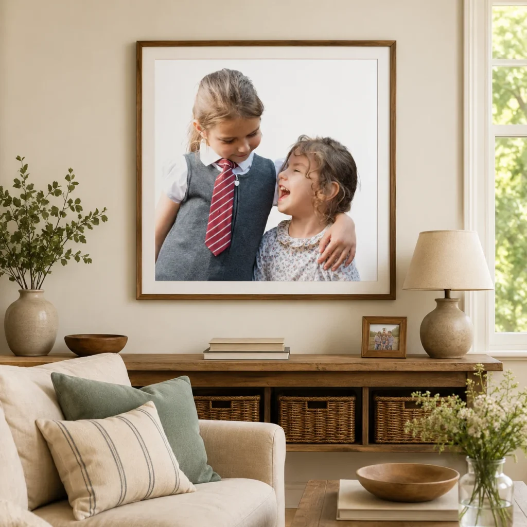 Two happy sisters image, framed on the wall of the family home Framed photo of two happy sisters on the wall of their family home